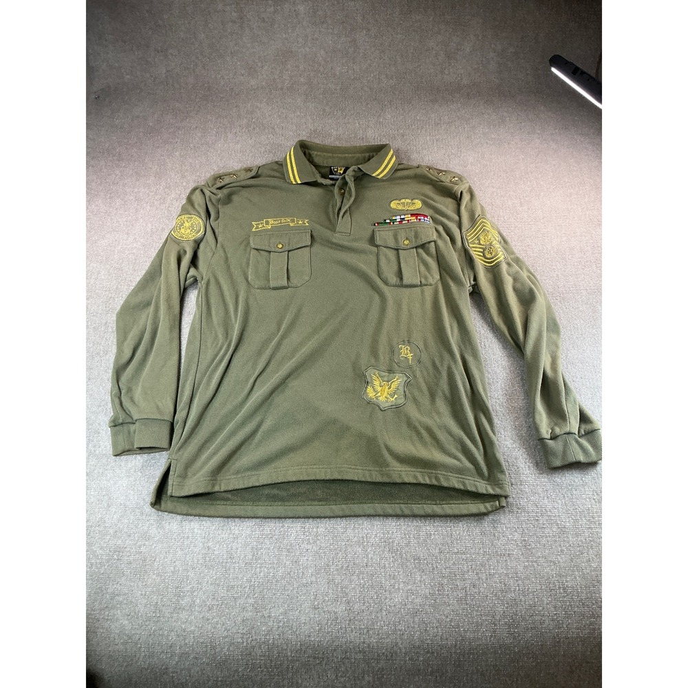 Bare Fox Mens 2XL Military Patch Long Sleeve Polo Olive Green Tactical Shirt